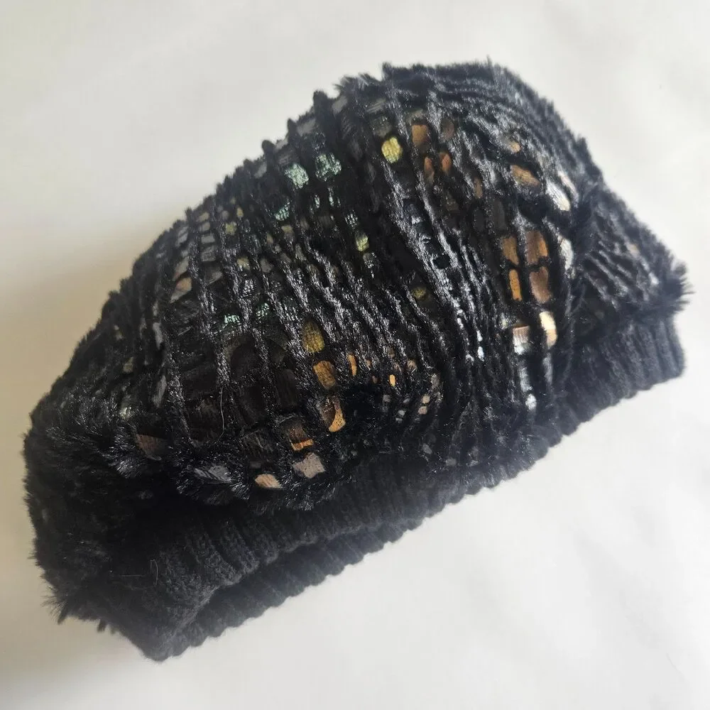 Lane Bryant Sparkle Beanie Short Black and Gold Knit Hat Caplet